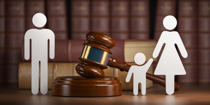 Divorce and custody child concept. Gavel and family silhouette o