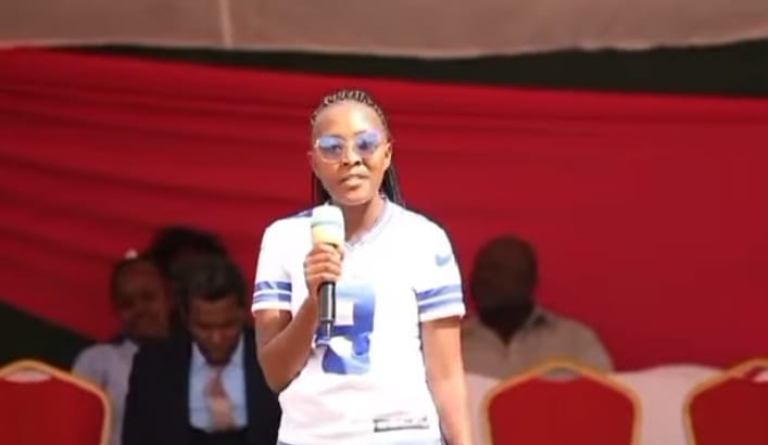 Jackline Karimi speaks during the event to support teenage mothers in Embu. Photo/ Olive Ndwiga