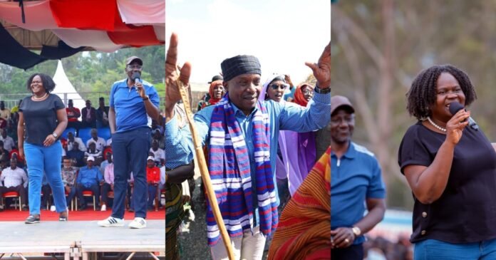 Ruto-Wanga-Kindiki President William Ruto with Homa Bay Governor Gladys Wanga at a Nyanza event, and Deputy President Kithure Kindiki in the center, highlighting ongoing political speculation ahead of 2027.