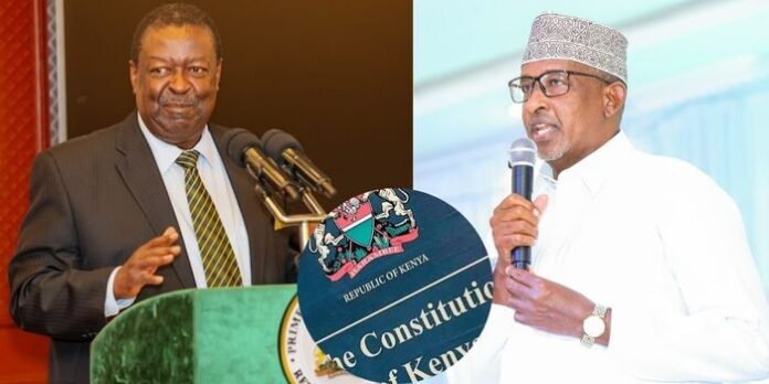 A collage of Musalia Mudavadi and Aden Duale and an insert of the Kenyan Constitution. Photo/Courtesy
