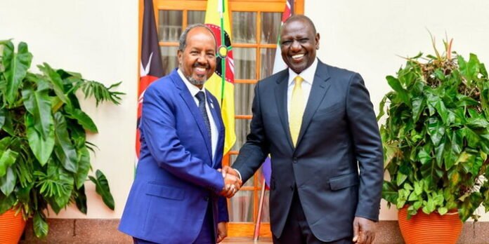 President William Ruto with Somali President Hassan Mohamud during a past visit at State House, Nairobi. Photo/Courtesy