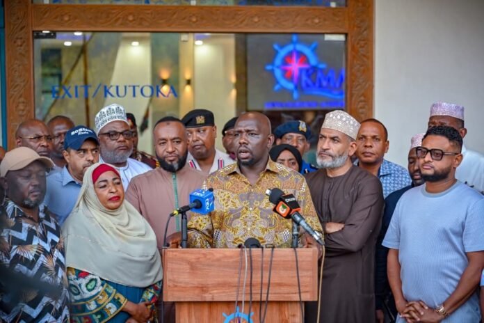64c71a7b-0667-4e74-a199-363d65ceb1bd Interior CS Kipchumba Murkomen with CS Ali Hassan Joho and Coast leaders during a press briefing in Mombasa on gangs and drug trafficking crackdown.