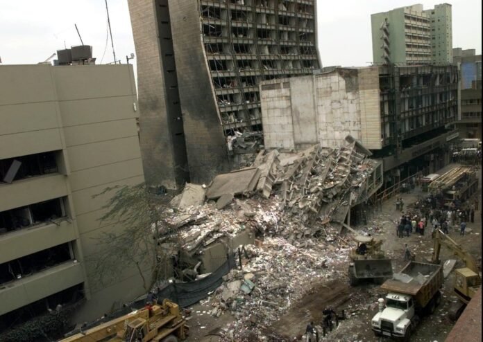 BeFunky-photo (2) This August 8, 1998, file photo shows the U.S. Embassy Nairobi, left, and other damaged buildings in downtown Nairobi, Kenya, the day after terrorist bombs in Kenya and Dar es Salaam, Tanzania.
