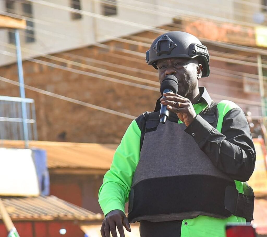 Former DP Rigathi Gachagua wearing a bulletproof jacket and helmet while addressing residents of Kagio, Kirinyaga County on January 9, 2026. Photo/Rigathi Gachagua