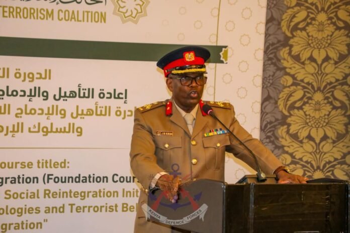 Deputy Director of the Directorate of Military Intelligence (DMI) Brigadier Joel Kirimi speaking during the launch of the IMCTC Counter-Extremism Reintegration Programme in Nairobi. (Photo: KDF)