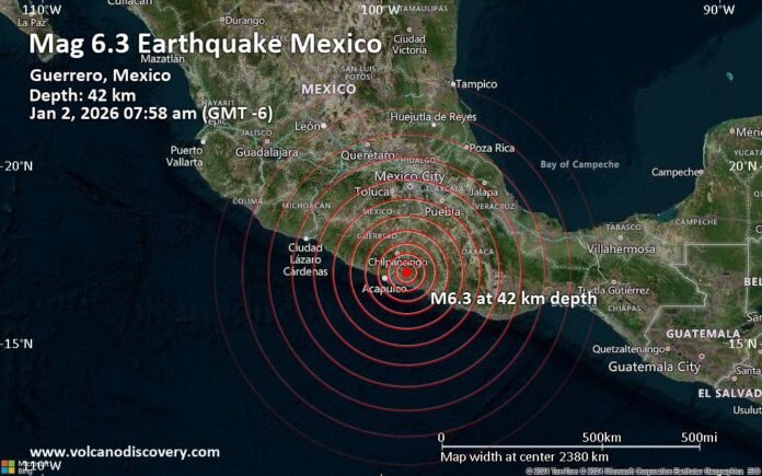 Map showing the epicentre of the 6.5 magnitude earthquake near Guerrero, Mexico, on January 2, 2026, and the areas where tremors were felt, including Mexico City. Source: Google Maps