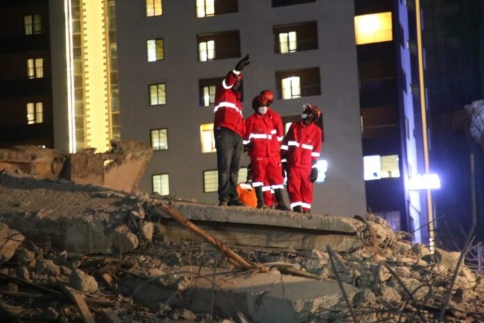 South C Emergency responders map out the South C building collapse site in Nairobi, coordinating search and rescue operations and ensuring the surrounding area is secure.