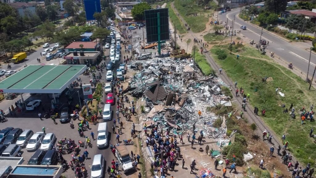 Aerial image showing the demolition of a business premises associated with Kiambu Governor Kimani Wamatangi in Nairobi amid an ongoing political dispute.
