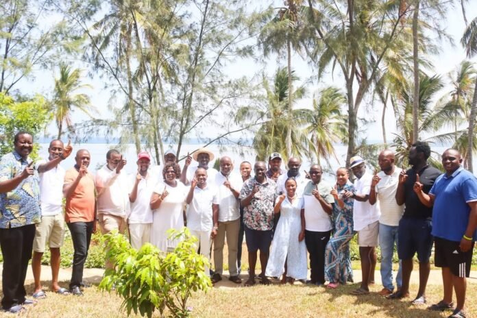 IMG_5084 Former Deputy President Rigathi Gachagua poses for a photo with DCP senators, MPs and county leaders during a three-day retreat at the Coast.