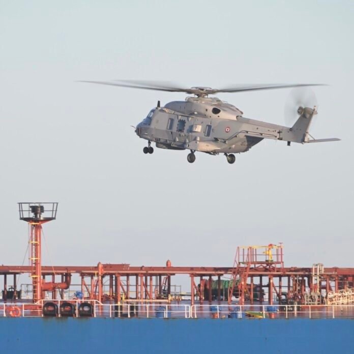 French Navy personnel board a Russian oil tanker in the Mediterranean suspected of violating international sanctions.