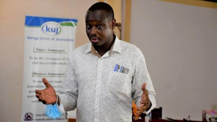 Eric Odour Kenya Union of Journalists Secretary-General Erick Oduor speaks to members after re-election in Nairobi