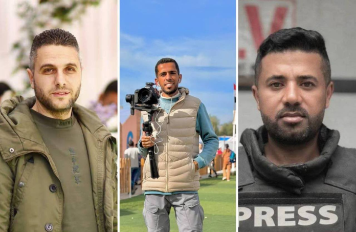 Israeli army KILLED three Palestinian journalists, Muhammad Salah Qeshta, Abdul Raouf Shaat, and Anas Ghoneim Three Palestinian journalists were killed on Wednesday after an Israeli strike hit their vehicle in central Gaza