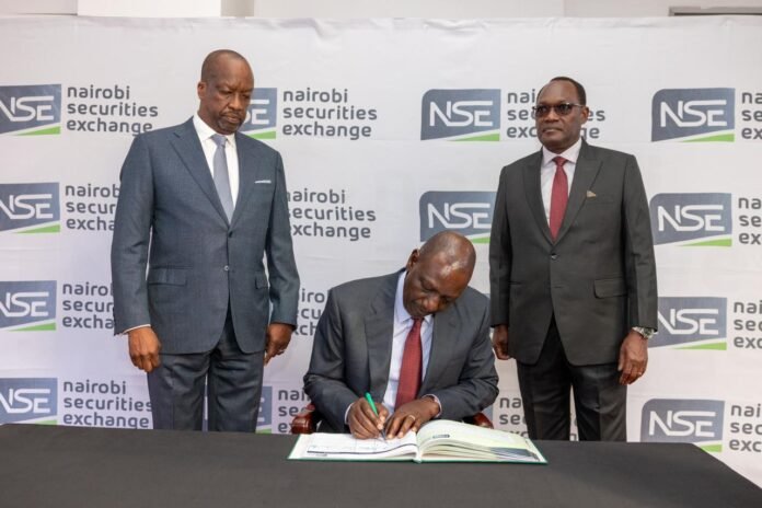 1efa61f7-31a5-4a8a-a717-c9a2d1b86f7f hair of Nairobi Securities Exchange Kiprono Kittony, President William Ruto, and National Treasury PS Chris Kiptoo during the launch of the Safaricom Ziidi Trader platform at the NSE on February 10, 2026.