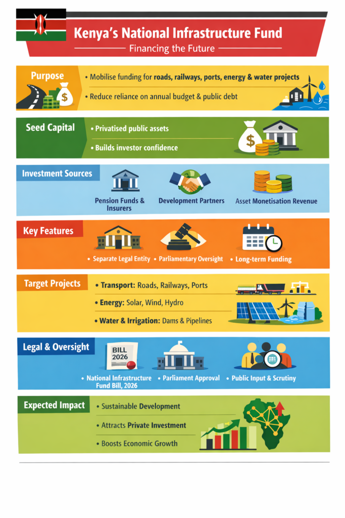 An AI generated visual breakdown of Kenya’s National Infrastructure Fund (NIF), showing how the country plans to finance major infrastructure projects, attract private investment, and reduce reliance on public debt.