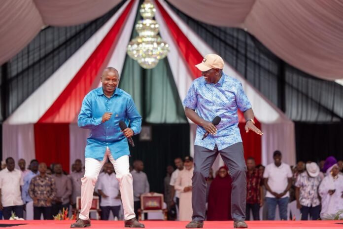 President William Ruto and his deputy Kithure Kindiki dance during the disbursement of Ksh.147 million NYOTA Business Start-Up Capital to 5,880 young entrepreneurs from Coastal counties at Jomo Kenyatta Showground in Mombasa on February 6, 2026.