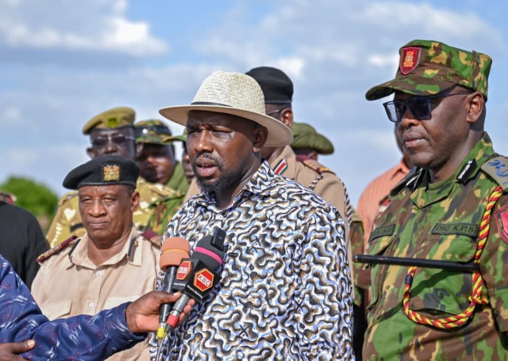 CS Kipchumba Murkomen and DIG Eliud Lagat meet local leaders in Kainuk as part of renewed security operations to restore peace in Kerio Valley.