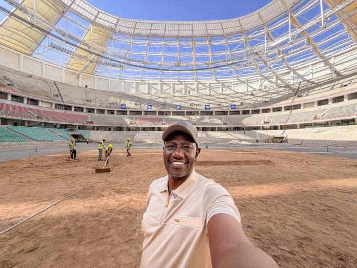 Talanta Stadium President William Ruto takes a selfie during his tour of Talanta Stadium in Nairobi.