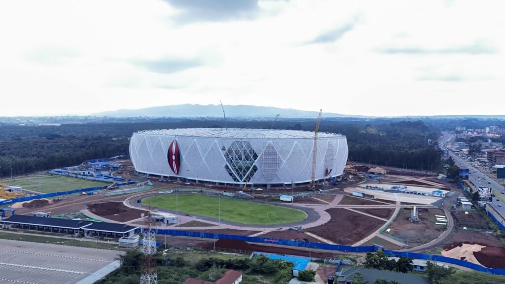 President William Ruto inspects ongoing construction at Talanta Stadium in Nairobi, promising completion in time for AFCON 2027.