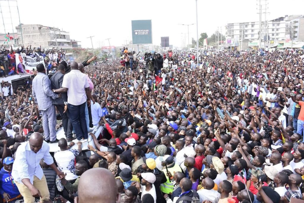 A huge crowd fills the grounds in Kitengela as senior ODM leaders address supporters during the faction’s “Linda Mwananchi” rally, underscoring growing political tensions within the party.