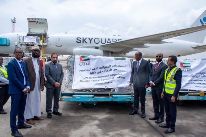 Kenya Red Cross Health CS Aden Duale and Kenya Red Cross officials receive a 30,000kg consignment of dates donated by the UAE at Jomo Kenyatta International Airport in Nairobi.