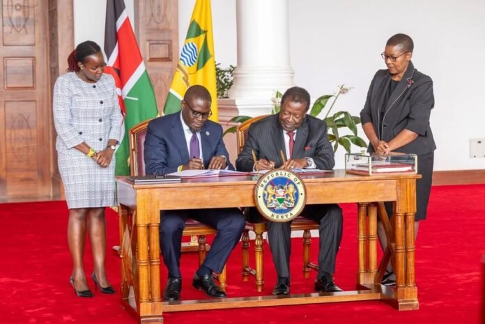 Sakaja-Mudavadi Nairobi Governor Johnson Sakaja and Prime Cabinet Secretary Musalia Mudavadi sign the Cooperation Agreement at State House, Nairobi, February 17, 2026.