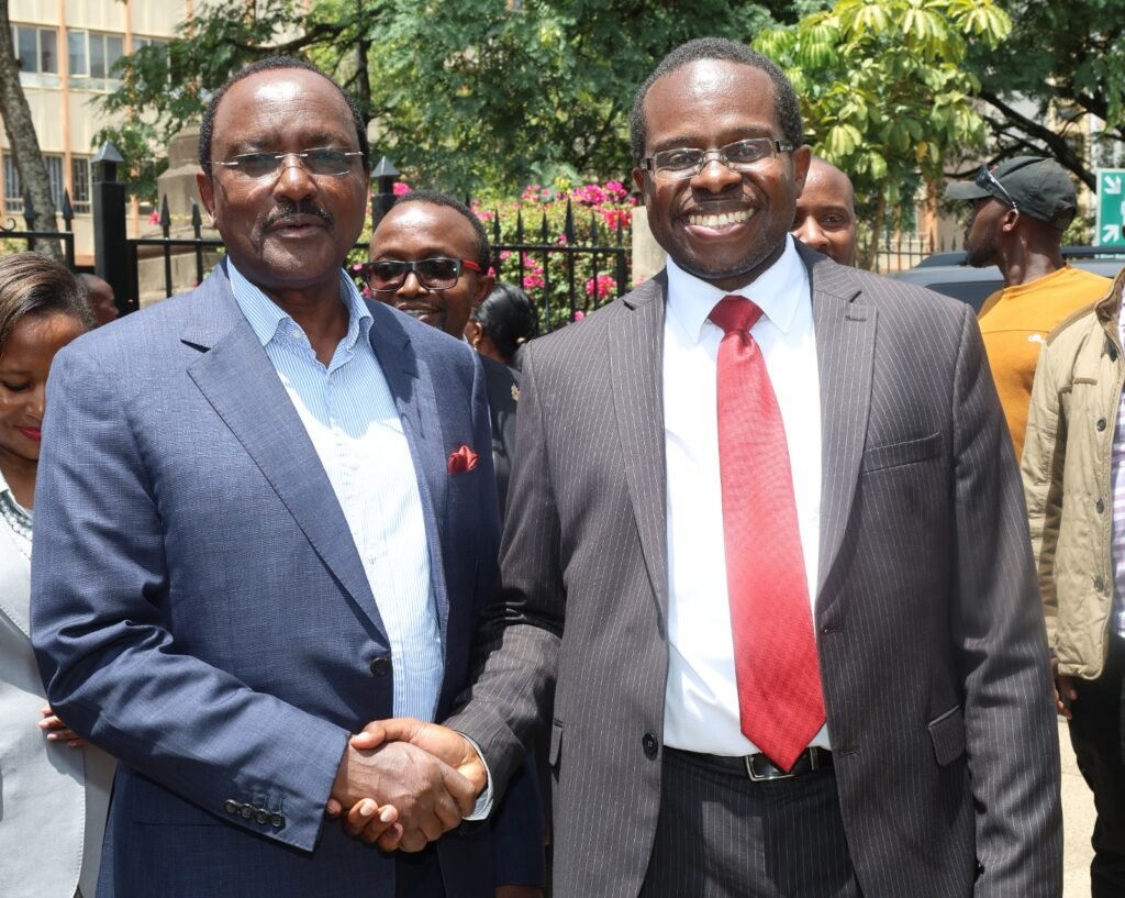 Charles Kanjama, newly elected LSK President, poses alongside former Vice President Kalonzo Musyoka during a meeting in Nairobi earlier today.