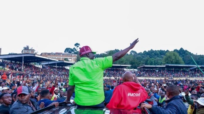 Kisii Stadium Thousands of people gathered at Kisii Stadium attending a political rally led by Fred Matiang’i, Rigathi Gachagua, and Eugene Wamalwa ahead of the 2027 elections.