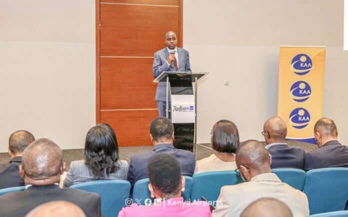 KAA MD Dr Gedi Dr. Mohamud Gedi, Managing Director of the Kenya Airports Authority, addresses stakeholders during the unveiling of the JKIA Integrated Master Plan and modernisation project in Nairobi.