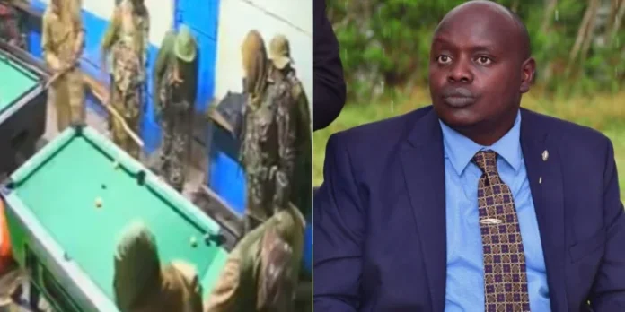 Photo collage of CCTV footage showing Police officers in Nandi roughing up youth who were playing pool and nandi Senator Samson Cherargei.