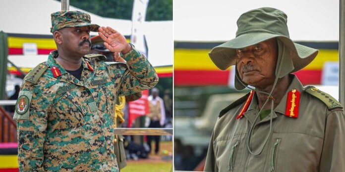 museveni-muhoozi Ugandan President Yoweri Museveni with his son General Muhoozi Kainerugaba, Chief of Defence Forces (UPDF) and SPA/SO during Tarehe Sita celebrations in Kabale, Uganda on February 6, 2026.