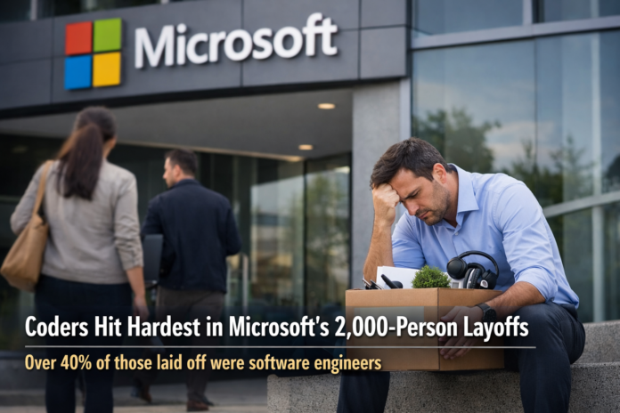 Microsoft AI-generated illustration of a Microsoft office scene representing reports that software engineers were the hardest hit in the company’s 2,000-person layoffs, accounting for more than 40% of those affected.