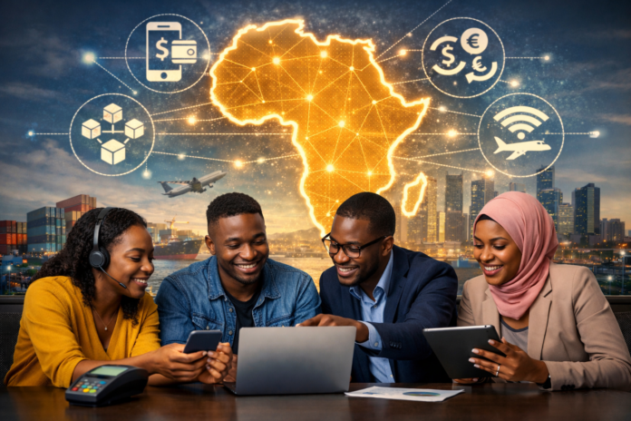 Fintech passporting Africa AI-generated image showing four African fintech professionals collaborating in a modern office, with digital maps and icons representing cross-border payments and fintech passporting across Africa.