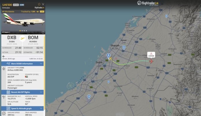 Emirates flight EK500 took off from Dubai International Airport as more than 138,000 people tracked it live, amid heightened global interest in regional flights.