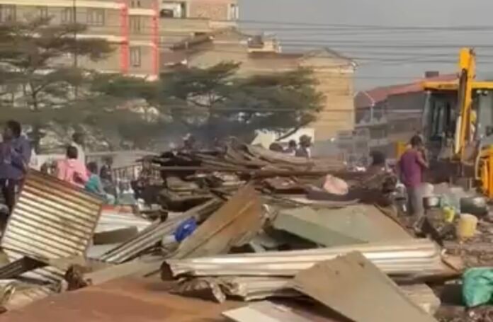 Roysambu Demolition in progress as the Kenya National Highways Authority (KeNHA) clears illegal roadside structures along Thika Superhighway at Roysambu during an operation to reclaim the road reserve and improve safety.