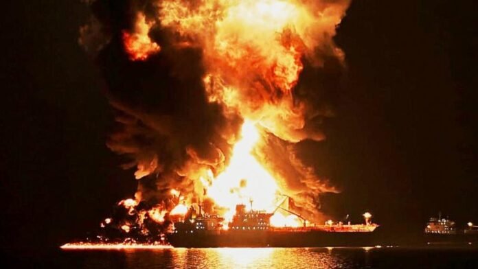 Strait of Hormuz APAn oil tanker burns after being hit by an Iranian strike in the ship-to-ship transfer zone at Khor al-Zubair port near Basra, Iraq, March 11, 2026.