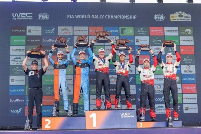 WRC Safari Rally in Naivasha Winning rally drivers pose for a celebratory photo after conquering the challenging stages of the 2026 WRC Safari Rally in Naivasha.