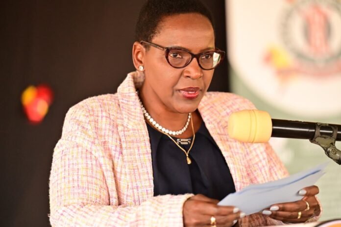 Correctional Services Principal Secretary Dr. Salome Beacco addresses graduates during the Sexual Offender Treatment Programme certificate ceremony at Kamiti Maximum Security Prison.