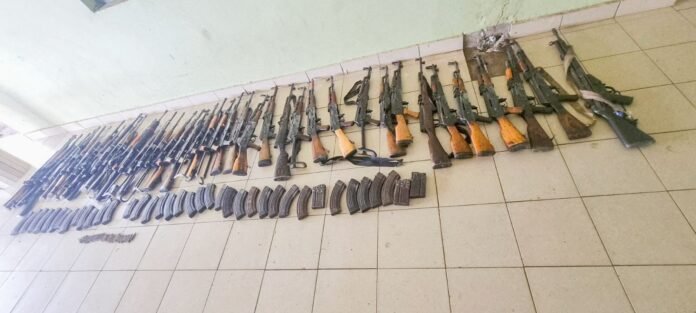 illegal firearms surrendered Turkana West Pokot Security officers display some of the illegal firearms surrendered in Turkana and West Pokot during ongoing disarmament operations. Photo: National Police Service.
