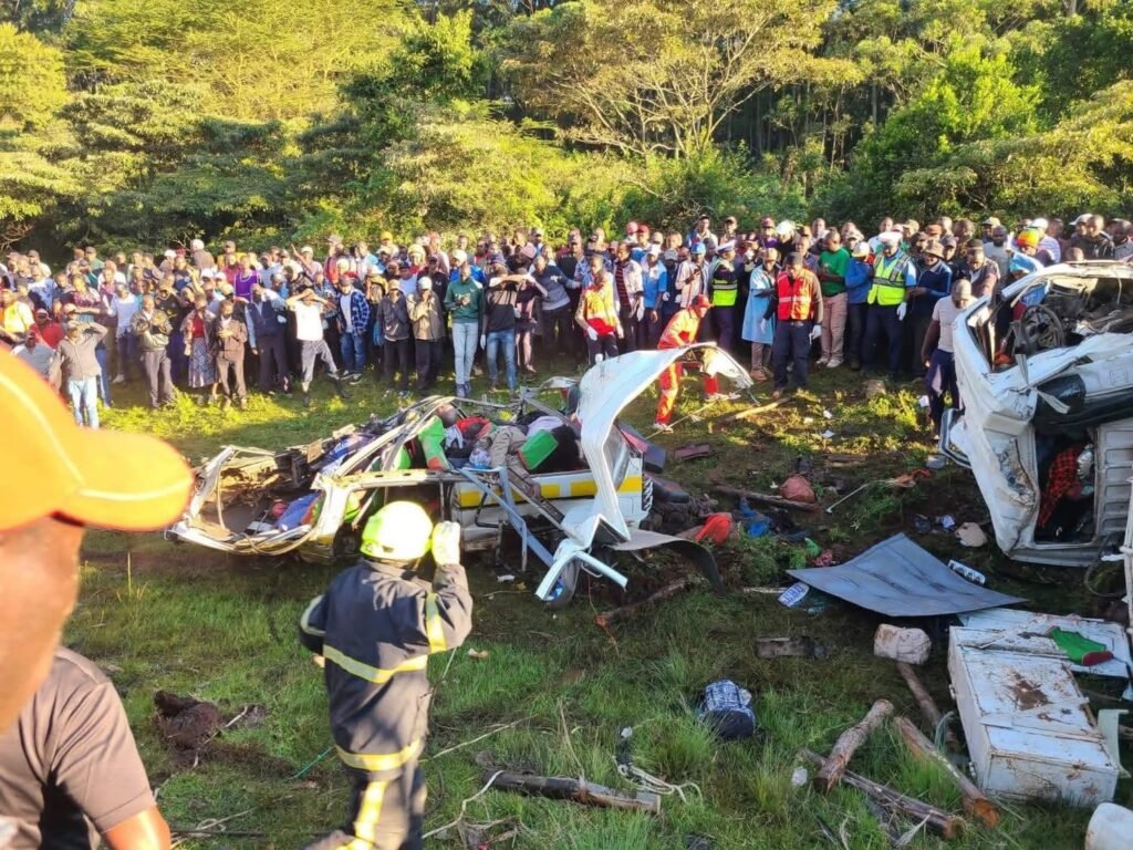 Wreckage of the matatu and lorry involved in the fatal crash near Dedan Kimathi University in Nyeri that claimed 15 lives.
