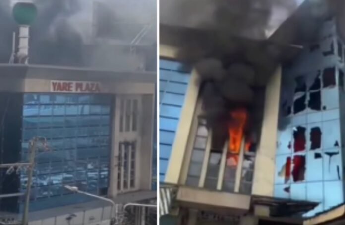 fire broke out at Yare Plaza Photo collage of Yara Plaza engulfed in flames