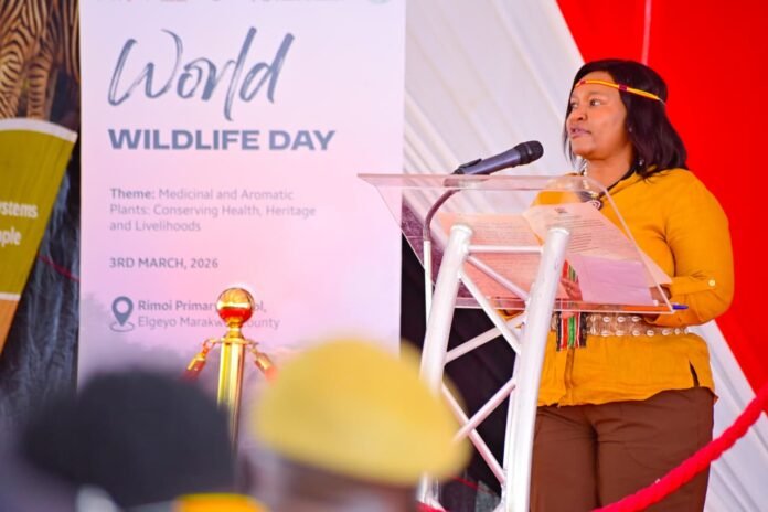 Tourism and Wildlife Cabinet Secretary Rebecca Miano speaking at the World Wildlife Day celebrations at Rimoi Primary School in Elgeyo Marakwet County.