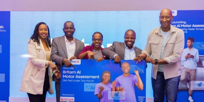 britam_0 Britam General Insurance CEO & Principal Officer James Mbithi (second right) and Britam Connect CEO & Principal Officer (third right) during the launch of the Britam AI Motor Assessment Service in Nairobi, Tuesday, March 10.
