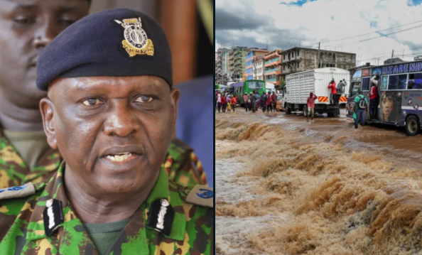 Flooded road in Kenya during heavy rainfall Collage of Police IG Douglas Kanja and Flooded road or heavy rainfall scene in Nairobi