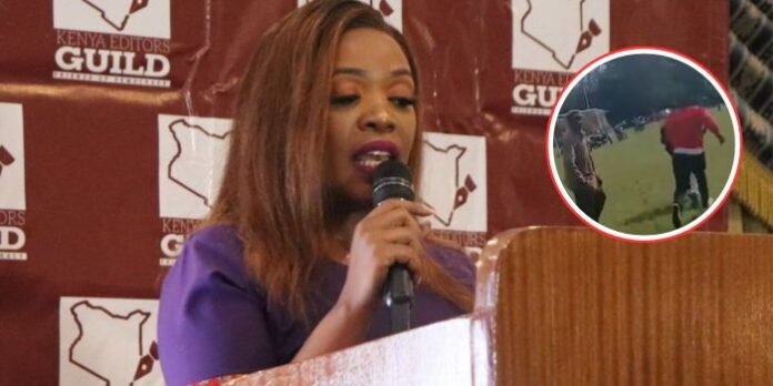 A photo of the Kenya Editors Guild President Zubeidah Kananu at a past event with an insert of a screengrab of the attack on a journalist on March 20, 2026