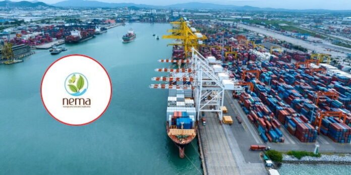 An image of containers at Mombasa Port, with the NEMA logo on the side.