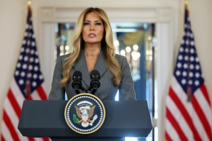 Melania Trump speaking at the White House podium Melania Trump White House statement Epstein denial 2026