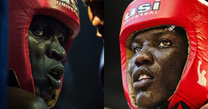 Majembe (Portifas Odipo) and Mbavu Destroyer (Ferdinand Omondi) during their electrifying Vurugu Championship clash that has reignited Kenya’s passion for boxing.