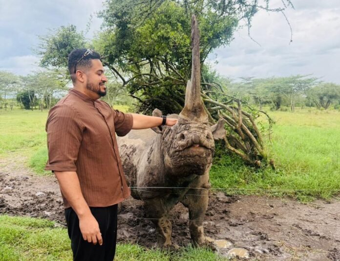 Ghanaian entrepreneur Basil Anthony visits Ol Pejeta, backing efforts to protect the world’s last two northern white rhinos, Najin and Fatu.