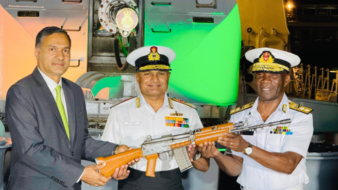 image India hands over rifles, ammunition and MRI machine to Kenya Defence Forces during INS Trikand visit to Mombasa, boosting defence cooperation.