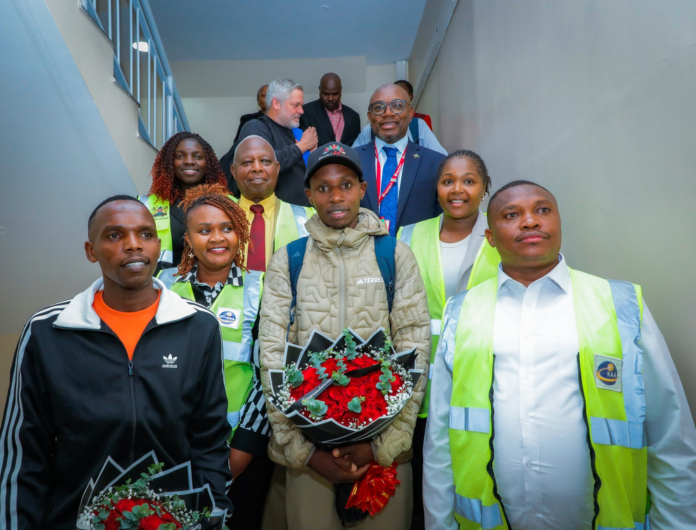 Sebastian Sawe returned home to a hero’s welcome at Jomo Kenyatta International Airport (JKIA)